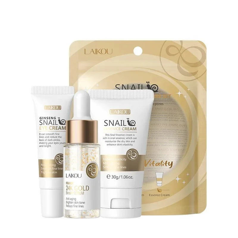 3pcs/set  Skin Care Set Vitamin C Sakura Snail Essence Serum & Eye Cream & Face Cream Moisturizer Travel Size Skincare Set