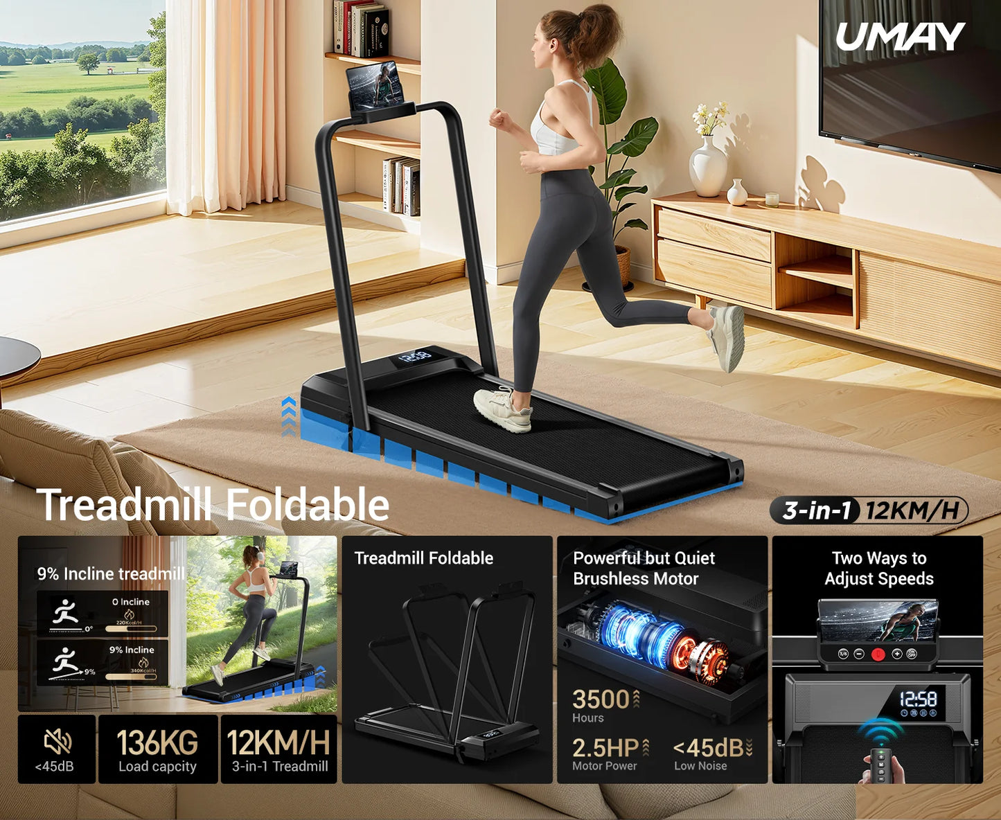 UMAY Walking Pad Treadmill: Incline, Under-Desk, Diamond Belt, Lightweight, Home/Office LED Display