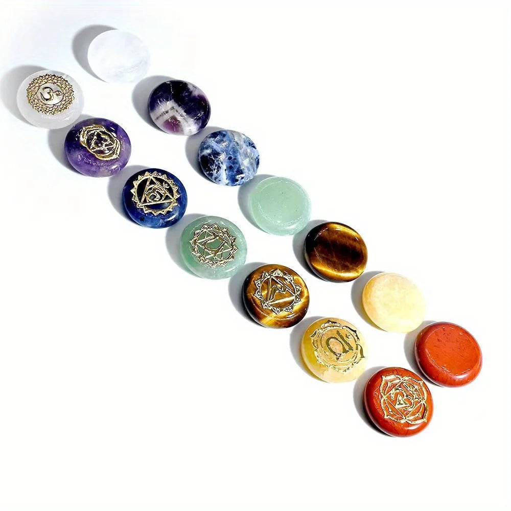 7 Pack Runic Natural Crystal Beads Colorful Engraved Symbols Yoga Stone Jewelry Making Reiki Healing Quartz Set