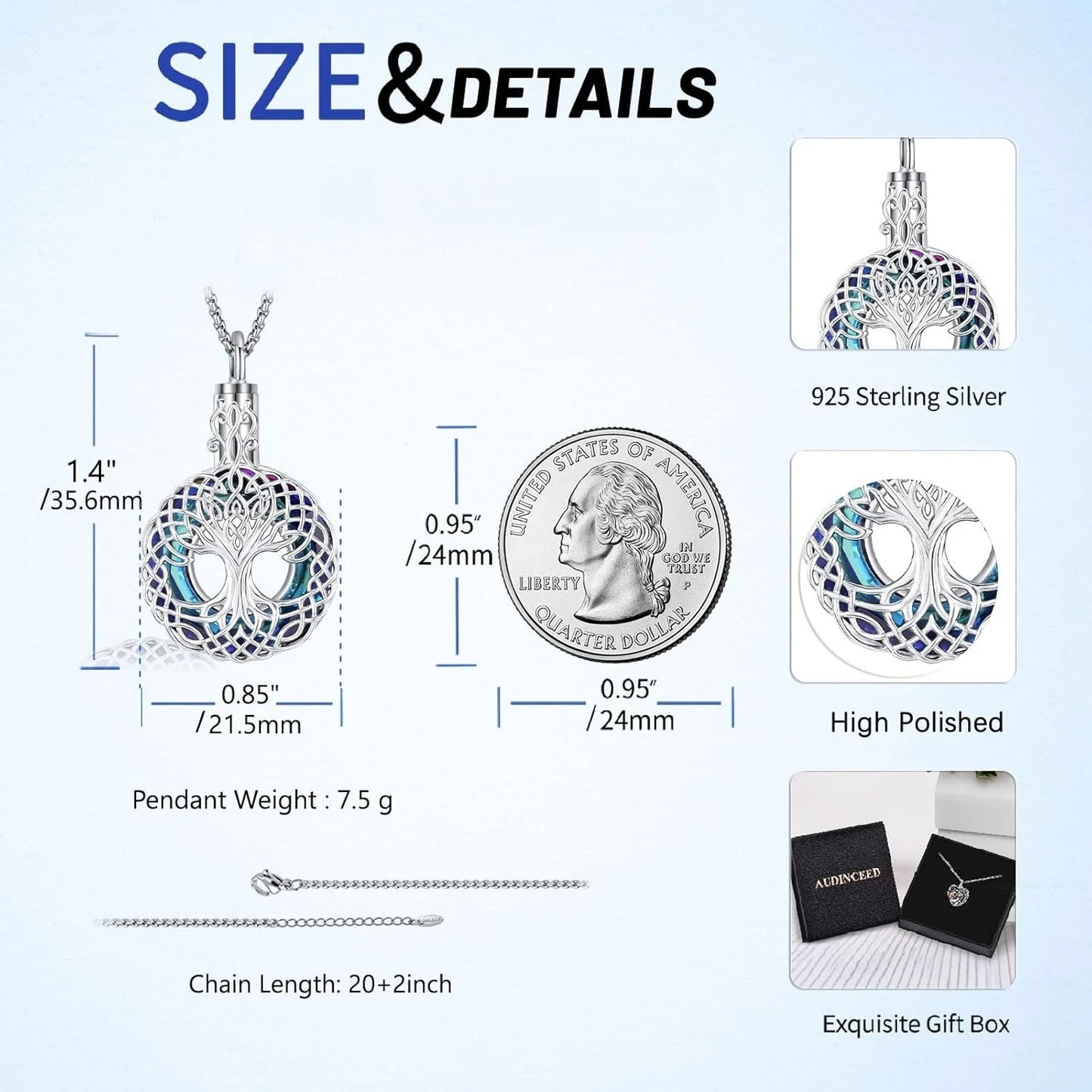 Crystal Tree of Life Necklace 925 Sterling Silver Urn Necklace Memorial Pendant for Ashes Cremation Jewelry Gifts for Women Men