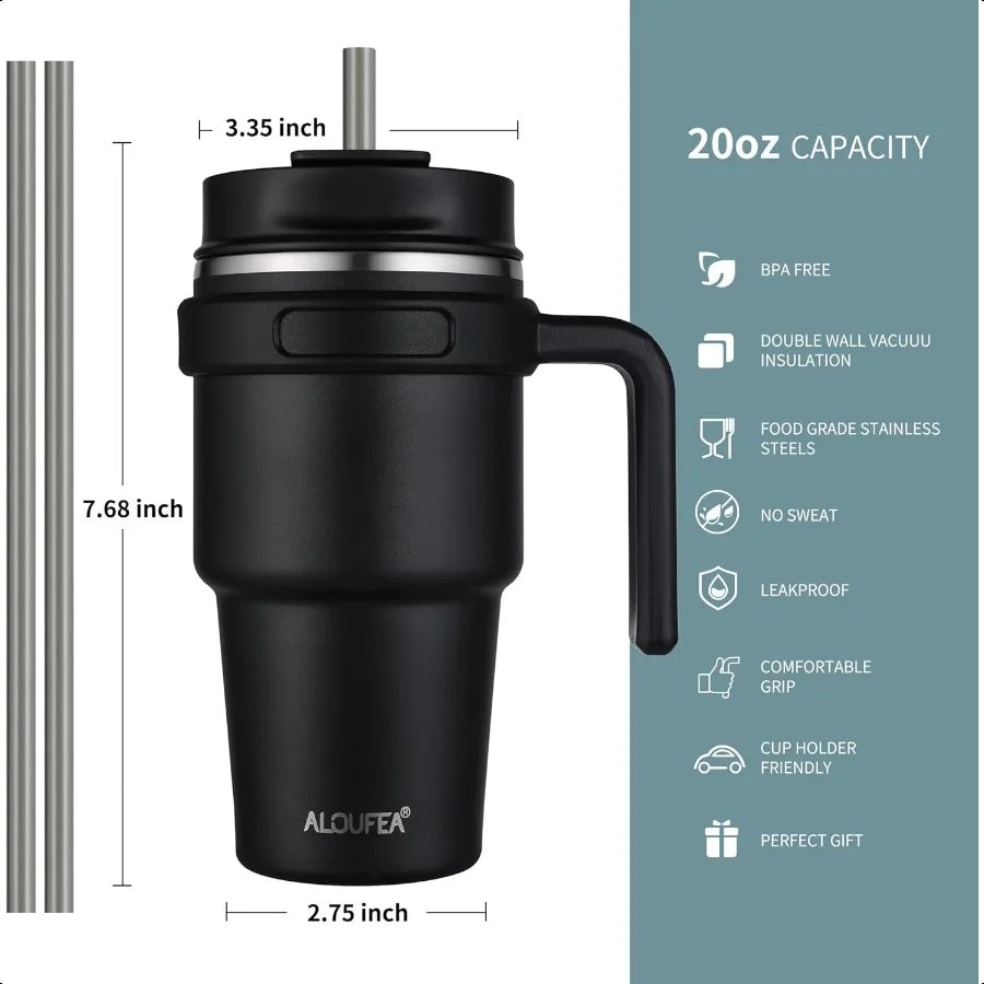 20 oz Insulated Coffee Mug Tumbler with Handle Stainl Steel Travel Mug Tumbler with Lid and Straw Double Wall Vacuum Leak Proof