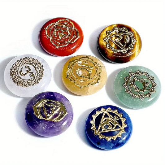 7 Pack Runic Natural Crystal Beads Colorful Engraved Symbols Yoga Stone Jewelry Making Reiki Healing Quartz Set