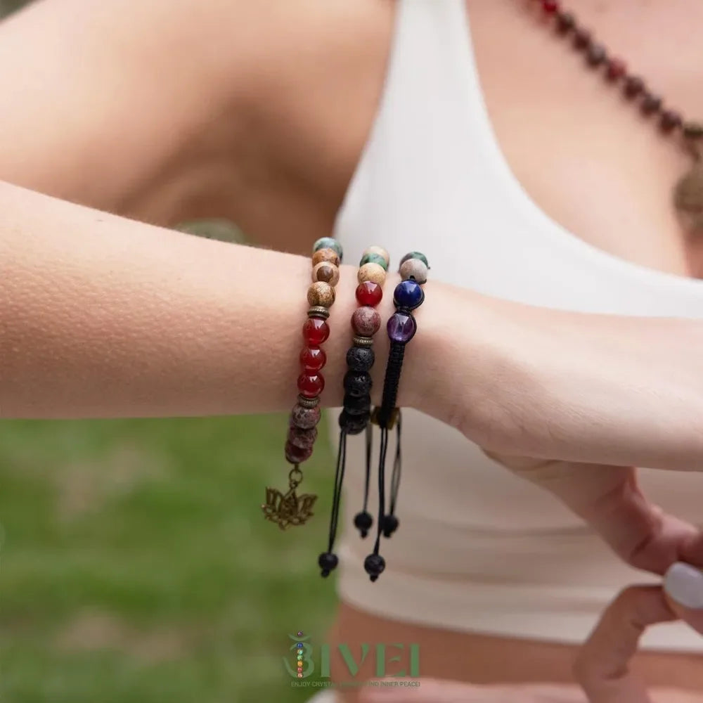 Chakra Bead Bracelets for Women - 8mm 7 Chakra Bracelet With Real Stones Yoga Gemstone Jewelry 3 Pack