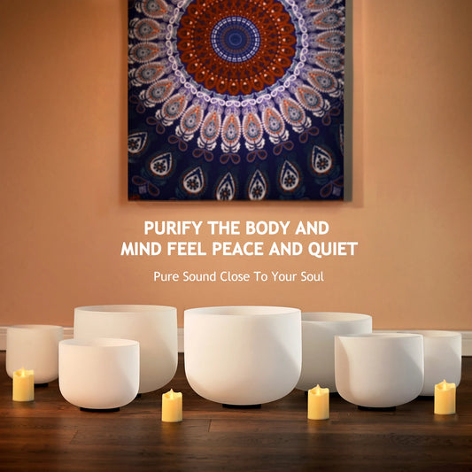 CVNC 432HZ 6-12 Inch Set Of 7 PCS Frosted Chakra Quartz Crystal Singing Bowls for Sound Healing with 2 PCS Carry Bags