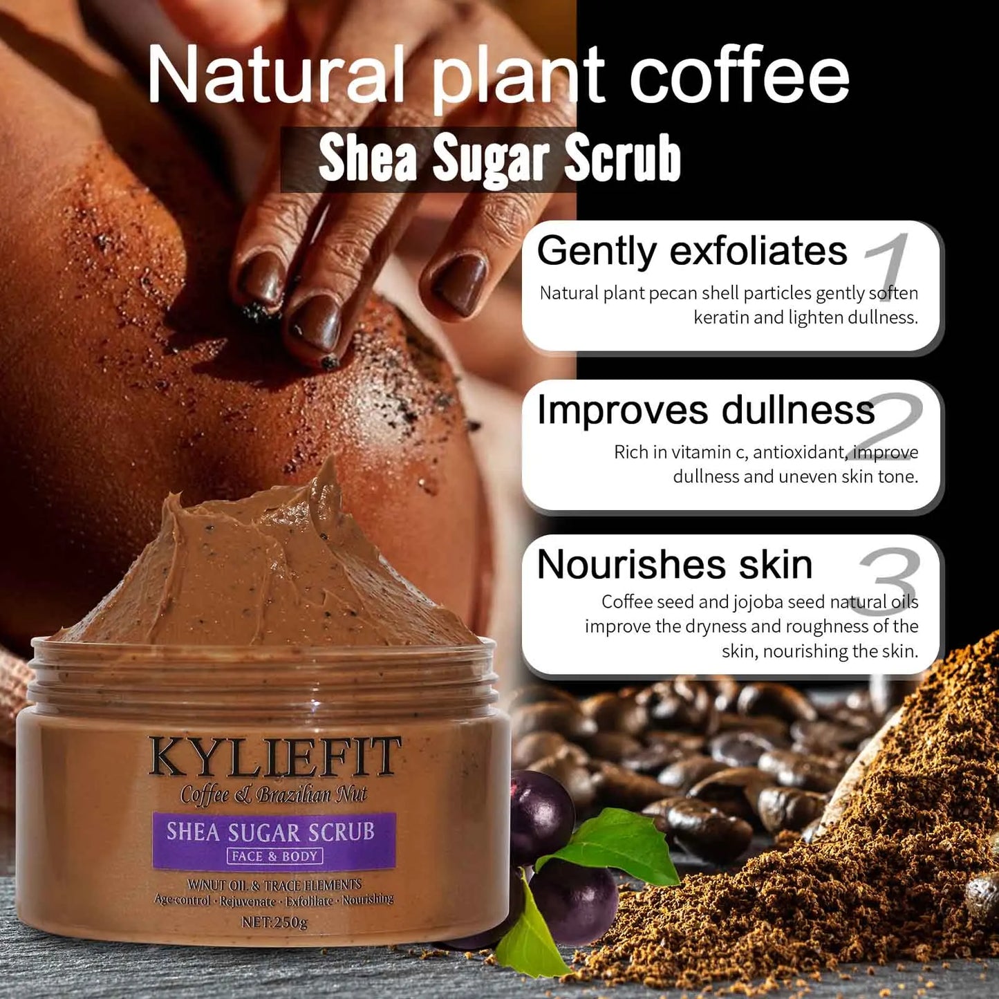 KYLIEFIT Natural Exfoliating Salt Body and Face Scrub, Helps with Moisturizing Skin, Dark Spots, Cellulite, Dead Skin, Wrinkles