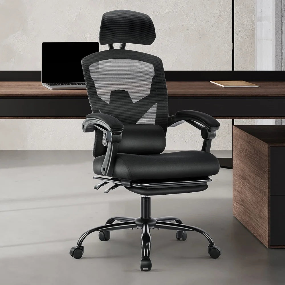 Ergonomic Office Chair High Back Mesh Reclining Lumbar Support Adjustable Headrest Footrest Padded Arms Smooth Rolling Casters
