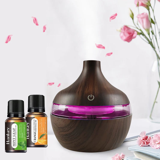 Diffuser For Home Wood Grain USB Humidifier 300ml Aroma Diffuser for Home - Quiet Desktop Hydrating Machine with 2 Essential Oil