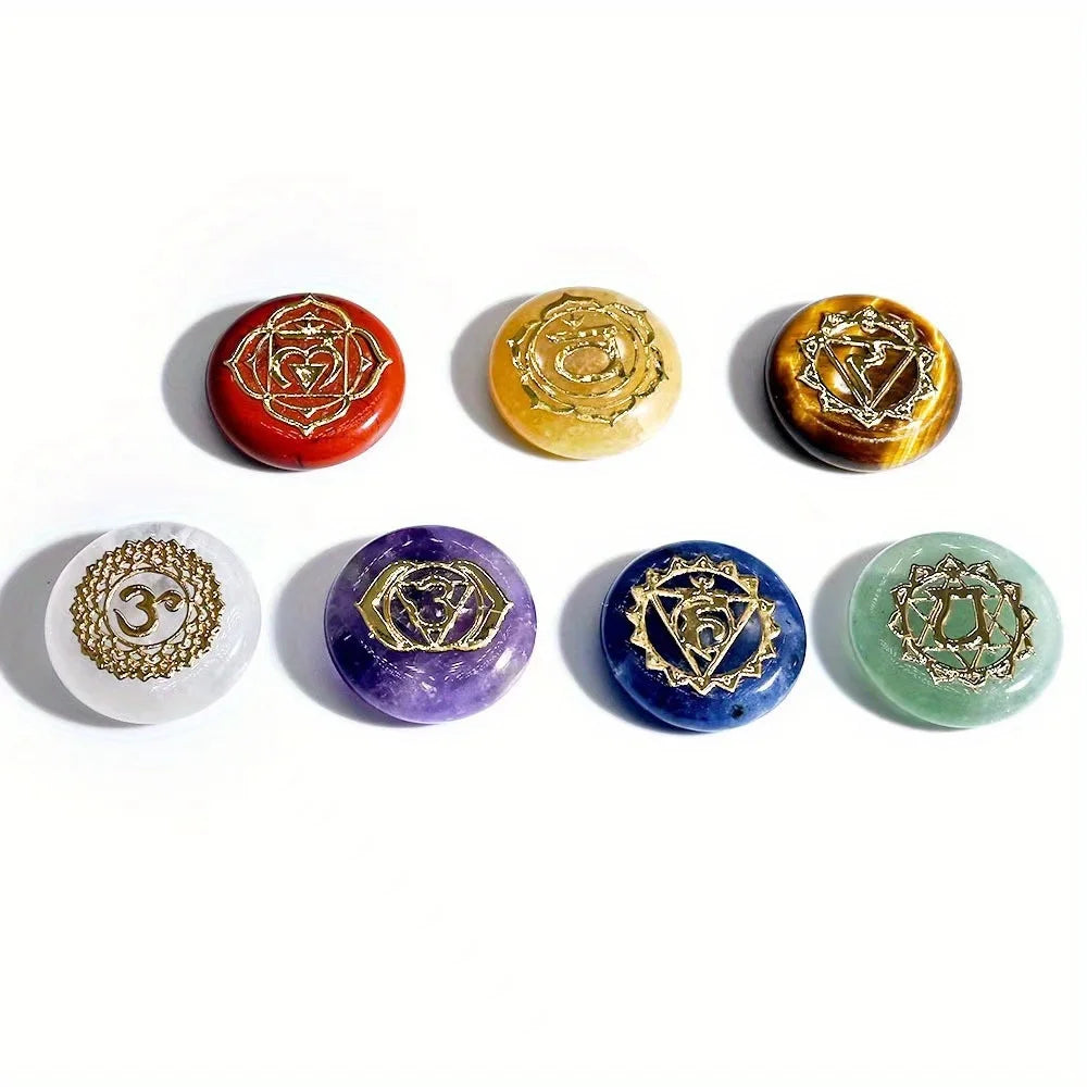 7 Pack Runic Natural Crystal Beads Colorful Engraved Symbols Yoga Stone Jewelry Making Reiki Healing Quartz Set