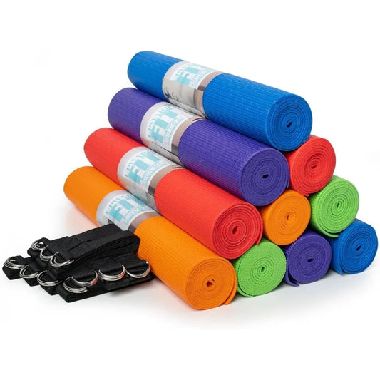 Classic Yoga Set, 10 Non Slip  Mats(68" x 24" x 4mm) and 10 6ft D-Ring  Straps, Yoga Accessories for Schools and Studios