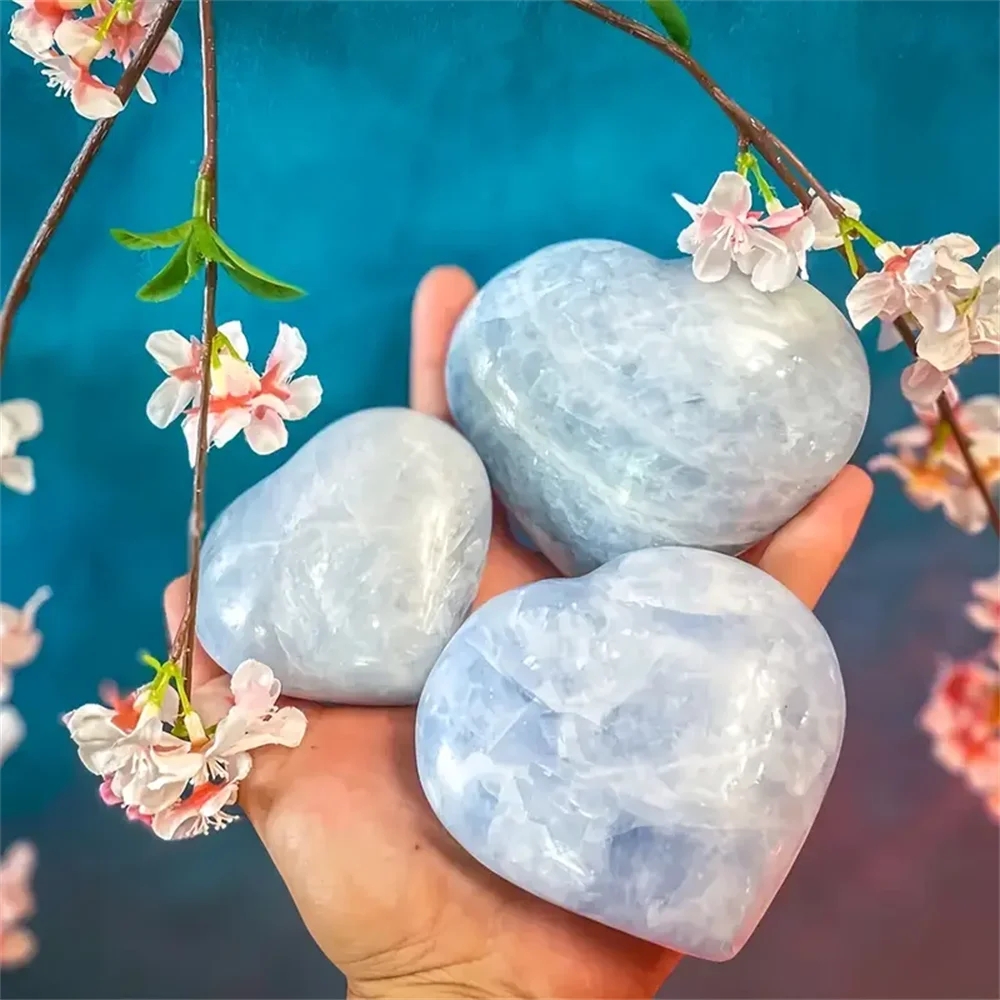 1pc Natural Stunning Celestite Heart Crystal- Love Carved Palm Stone, Thumb Polished Pocket Gemstone,
