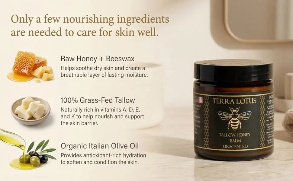 Terra Lotus - Organic Grass-Fed Beef Tallow Balm with Raw Honey - Moisturizing Cream for Soft, Smooth Skin - Handmade