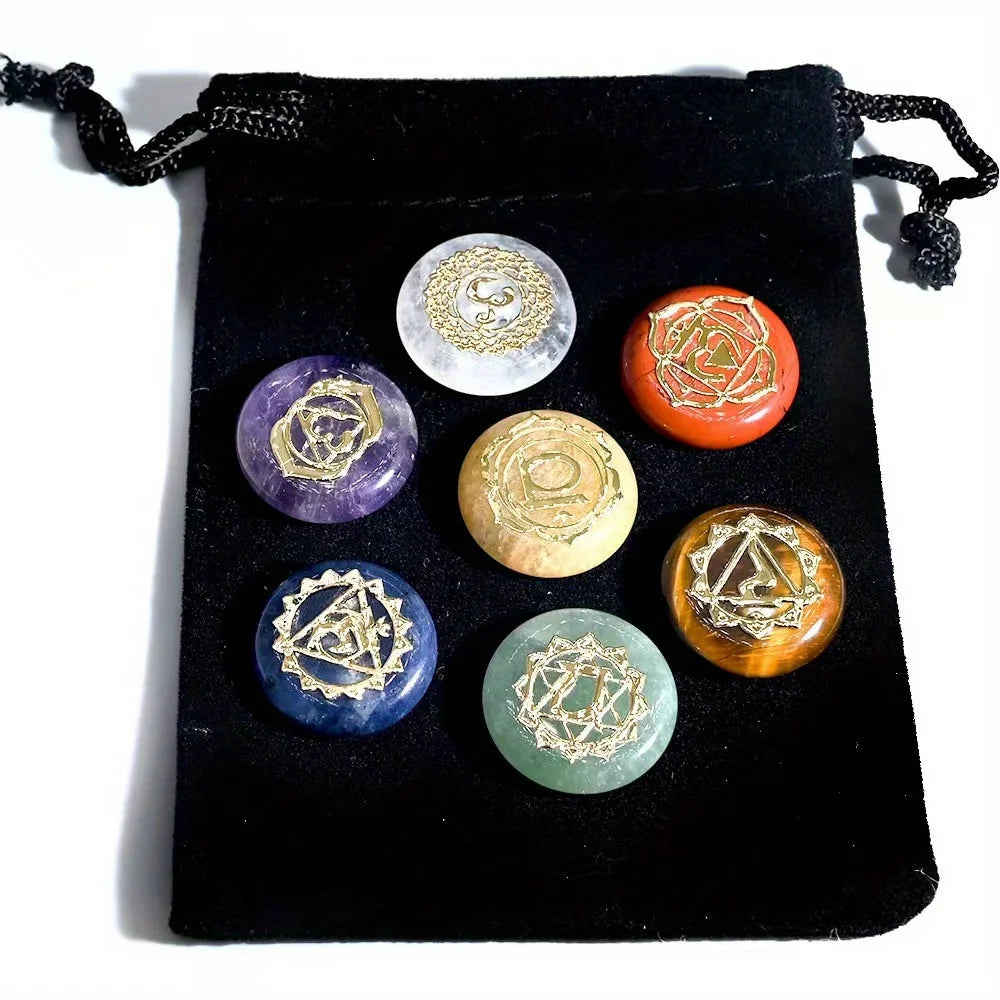 7 Pack Runic Natural Crystal Beads Colorful Engraved Symbols Yoga Stone Jewelry Making Reiki Healing Quartz Set