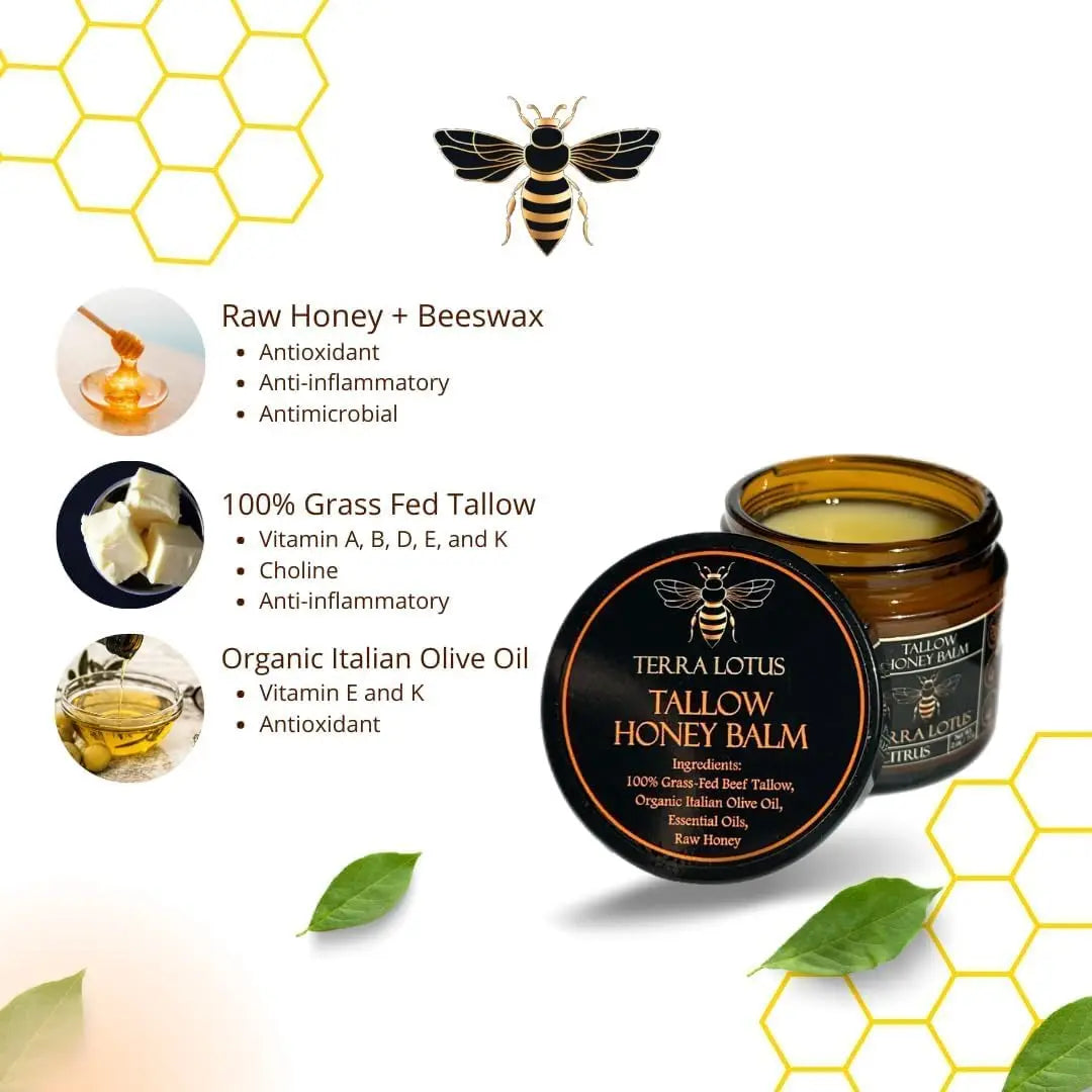 Terra Lotus - Organic Grass-Fed Beef Tallow Balm with Raw Honey - Moisturizing Cream for Soft, Smooth Skin - Handmade